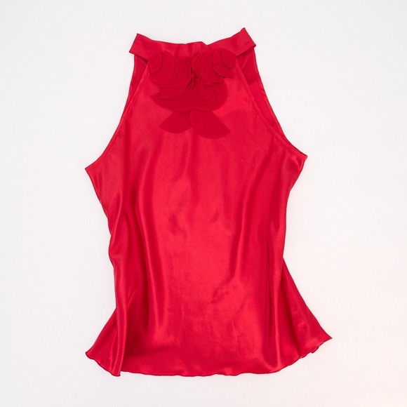 Tops - B. Wear Red Satin Halter Blouse Layered Petal Detail Bow Back